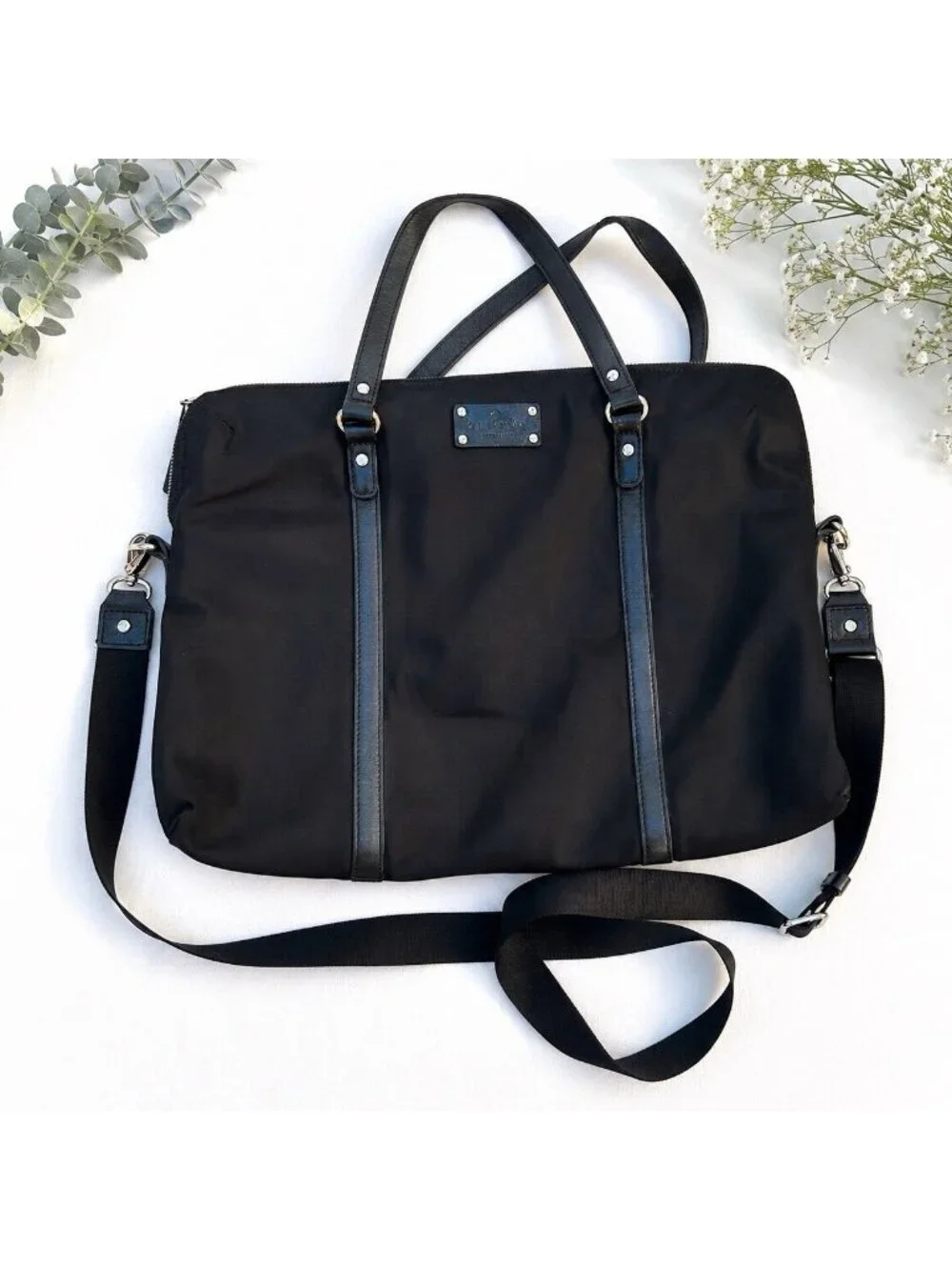 Kate Spade New York Black Laptop Bag Leather Trim Nylon Travel Business Resort